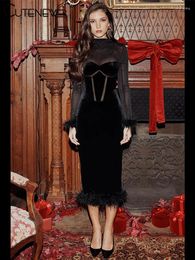 Casual Dresses Cute Women's Elegant Turtleneck Maxi Dress Long Sleeves Mesh Patchwork Body-shaping Lady Year Christmas Party Prom Robe
