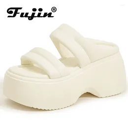 Slippers Fujin 8.5cm Microfiber Synthetic Leather Flats Summer Peep Toe Fashion 2024 Women Sandal Pumps Platform Wedge Shoes