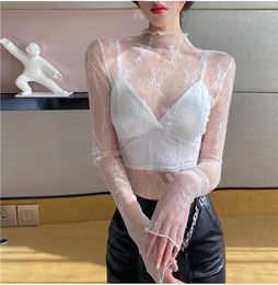 Women's T Shirts OUMEA Women Sheer Mesh Lace Top Summer Beach Style Sexy Long Sleeve See Through Slim Fit Lettuce Edge High Neck Sweet Shirt