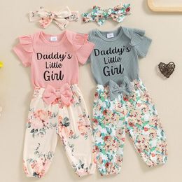Clothing Sets 0-18M Summer Baby Girls Outfit Letter Print Short Sleeves Romper And Floral Pants Headband Set