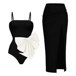 Women's Swimwear Black And White Colorblocked One-shoulder Bikini One-piece Slim Fit Open-back Bow Design Swimsuit Women Elegant Straps