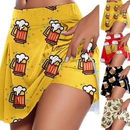 Skirts Women Pleated Tennis Skirt Shorts Beer Printed Athletic High Waisted Golf Skorts Workout Sports Yo-Ga
