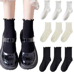 Women Socks Medium Spring Summer Lotus Leaf Edge Polyester Cotton Wooden Ear Black White Versatile Solid Colour Lolita