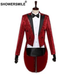 Showersmile Sequin Jacket Long Blazer Men Red Swallowtailed Coat Stage Singer Magician Suit Jacket Brand 3xl Tuxedo Blazer Y190424057727
