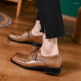 Casual Shoes Spring Autumn Vintage Simple Ladies Cowhide Soft Leather Lace-Up Flats Low Heel SquareToe British Style Daily Woman