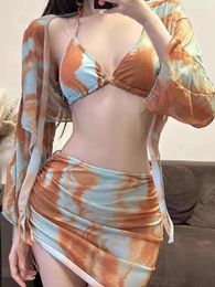 Women's Swimwear 4 Pieces Split Swimsuits For Women Halter Bikinis Set Push Up With Long Sleeves Cover Summer Bathing Suits Tulle