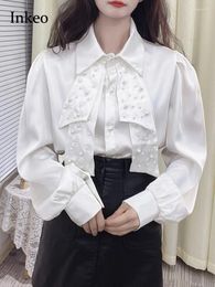 Women's Blouses Luxury Pearl Beading Shirt Satin Bow Tie Blouse Women 2024 Collection Elegant White Long Sleeve Tops Clothing Chic INKEO