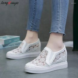 Casual Shoes Women Wedge Platform Sneakers Fashion Summer White Cutouts Lace Canvas Hollow Breathable Loafers