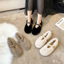 Casual Shoes Metal Chain Belt Buckle Fur Wary Janes Winter Women Cotton Loafers Round Toe Fleeces Flats Woman Warm Plush Moccasins 2024