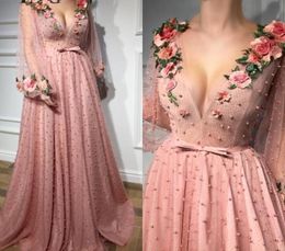 2023 Blush Pink Pearls Prom Formal Dress with Sleeves Long VNeck 3D Flowers Appliques Glitter Tulle Aline Evening Party Gowns Ar4759546