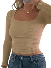 Women's T Shirts Yoawdats Women S Casual Knit Basic Crop Tops Slim Fit Long Sleeve Square Neck Ruched Blouse Tight Tee Y2K Ribbed