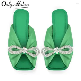 Casual Shoes Onlymaker Women Square Toe Flat Rhinestone Bow Green Pink Sandals Big Size Female Slippers