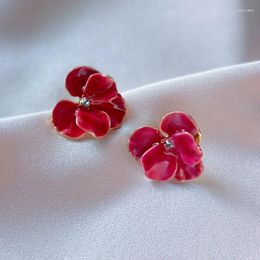 Stud Earrings French Vintage Petal For Women Fashion Light Luxury Red Butterfly Orchid Flower Female Statement Jewelry