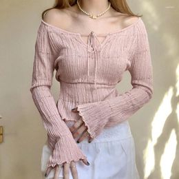 Women's T Shirts Long Sleeve Tie Front Blush Pink Tops Women Semi Sheer Fitted T-shirt Soft Girl Fairycore Spring Summer Outfit