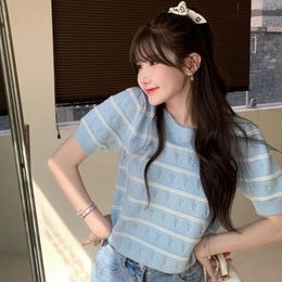 Women's T Shirts Temperament Striped Knit T-shirt Fashion Sweet Korean Top Summer Casual Thin Women