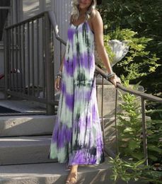 Casual Dresses Summer Women Loose Maxi Dress Sleeveless Tie Dye Stripe Printed Long Bohemian Sling Female Beach Sundress Ps Size1930262