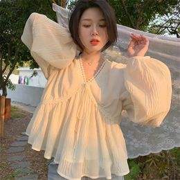 Women's Blouses Korean Sweet V-Neck Lace Patchwork Shirt Solid Colour Loose Women Tops Fashion Drawstring Spring Autumn Elegant Blouse M-4XL