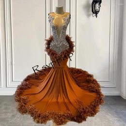 Party Dresses African Black Girl Mermaid Long Prom 2024 Luxury Silver Diamonds Beads IllusionTop Feathers Brown Satin Gowns