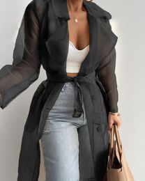 Women's Jackets 2024 Women See Through Outdoor Tops Lace Up Spring Solid Sheer Mesh Long Sleeve Buttoned Coat With Belt Elegant Shirts