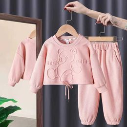 Clothing Sets 2024 New Girls Spring Set Childrens Sports Two piece Round Neck Sweater+Trousers Fashion Boys and Girls Baby Casual Sweater Q240517