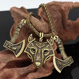 Nordic Viking Celtic Wolf Head Double Axe Pendant Necklace Norwegian Style Jewelry