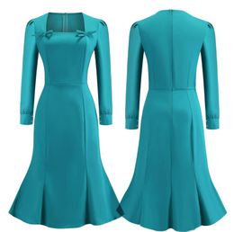 2018 Teal Long Sleeves Work Dresses Square Neck Solid Colour with Bow Cotton Women Mermaid Vintage Pencil Dress FS61417291677