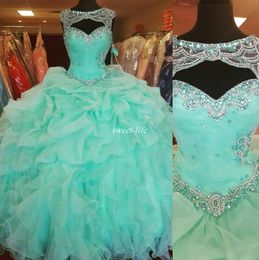 Custom Made Mint Green Ball Gown Quinceanera Dresses Sweetheart Sheer Beaded Neck Corset Back Ruffles Organza Plus Size Debutante 6328346