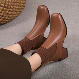 Casual Shoes Knitted Socks Boots Women's French 2024 Square Toe High Heel Thick Elastic Short Autumn Winter