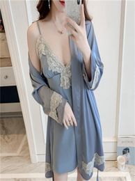 Hweet Women's Pajamas Silk Robe Female Negligee Night Set Dressing Gown Lounge Set Peignoir Lace Nightgown And Bathrobe 2102038382019