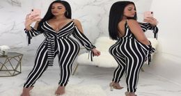 Fashion Striped Long Rompers Jumpsuits Summer New Women Sexy Deep V Neck Split Long Sleeve Slim Bodycon Pants Overalls8748194
