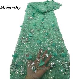 Mccarthy Green 3D Flowers French Nigerian Beads Laces Fabrics High Quality Tulle African Sequins Laces Fabric Wedding 240511