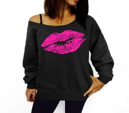 Sexy Lips Printed Hooded Women Fashion one Shoulder Loose Pullovers Crewneck Tracksuit Sweatshirt Casual Pullover Blusas Mujer for9000315