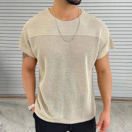 Knitting Hollow Out Breathable Thin T Shirt Mens Summer Fashion Pure Colour Knitted T-shirts Men Casual O Neck Short Sleeve Tops 240513