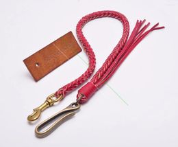 Keychains 24" Handmade Braided Red Leather Truckers Wallet Chains With Hook Cowhide Biker Pants Chain For Men K0077