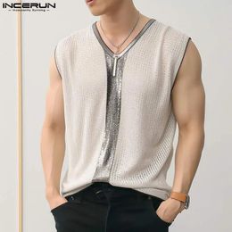 INCERUN Tops Korean Style Mens Fashion Vneck Patchwork Design Vests Casual Streetwear Flash Sleeveless Tank S3XL 240518