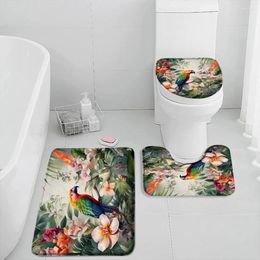 Bath Mats Parrots Mat Set Tropical Leaves Birds Blossom Greenery Floral Bathroom Decor Animals Non-slip Toilet Lid Cover