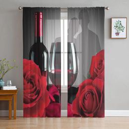 Curtain Valentine'S Day Rose Flower Red Wine Sheer Curtains For Living Room Decoration Window Kitchen Tulle Voile