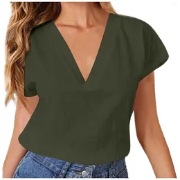 Women's Blouses Solid Shirts Ladies Summer Linen And Cotton Loose Short Sleeve Deep V Neck Tops Women Alluring Leisure