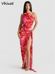 Work Dresses Vhiuat Floral Print 2 Piece Dress Set Halter Crop Tops And High Waist Long Skirt In Matching Fashion Summer Beach Outfit