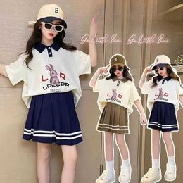 Clothing Sets Summer teenage girl clothing set childrens lapel T-shirt and pleated ski suit student short sleeved top Q240517