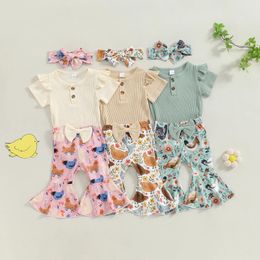 Clothing Sets CitgeeSummer Infant Baby Girl Romper Outfit Ribbed Ruffled Short Sleeve Jumpsuit Floral Flare Pants Headband