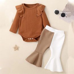 Clothing Sets Infant Kid Girl Clothes Spring 2Pcs Outfit Solid Color Ribbed Flying Sleeve Romper With Contrast Flare Pants Set