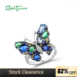 Cluster Rings SANTUZZA Silver Ring For Women Pure 925 Sterling Charming Blue Butterfly Sparkling Spinel Trendy Party Fine Jewelry
