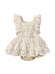 Clothing Sets Infant Baby Girl Baptism Romper Sleeveless Bowknot Floral Lace Birthday Dress Summer Outfit Cute Born Clothes