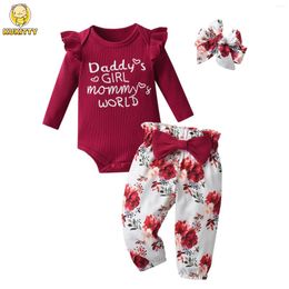 Clothing Sets 3PCS Born Infant Girls Baby Clothes Set Knitted Letters Printed Romper Bodysuit Top And Floral Long Pants Bow Headband Outfit