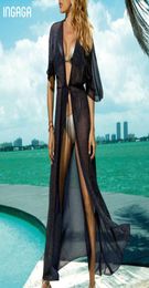 INGAGA 2020 Cover Ups Tunic Swimsuit Half Sleeve Long Dress Beachwear Black Shiny Swimwear Transparent Mesh Beach Wear Summer9052718