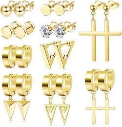 Stud 10 Pairs Of Stainless Steel Earrings Set Men And Women Cross Triangle Pendant Hinged Ring Round Punk Gold7829207