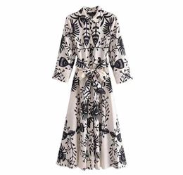 Casual Dresses Women Printed Shirt Dress With Belt Long Sleeves Chic Lady Fashion Buttonup Midi Woman Robe7245489