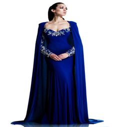 Royal Blue Mermaid Dubai Cape Evening Dress 2021 Party Sexy Long Sleeve Saudi Arabic Prom Dresses Sweep Train Formal Pageant Gowns7062918