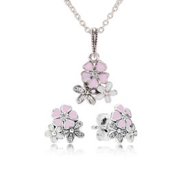 Authentic 925 Sterling Silver Pink Enamel flower Pendant Necklace Earring Set with box for Jewellery Womens Earrings3433251